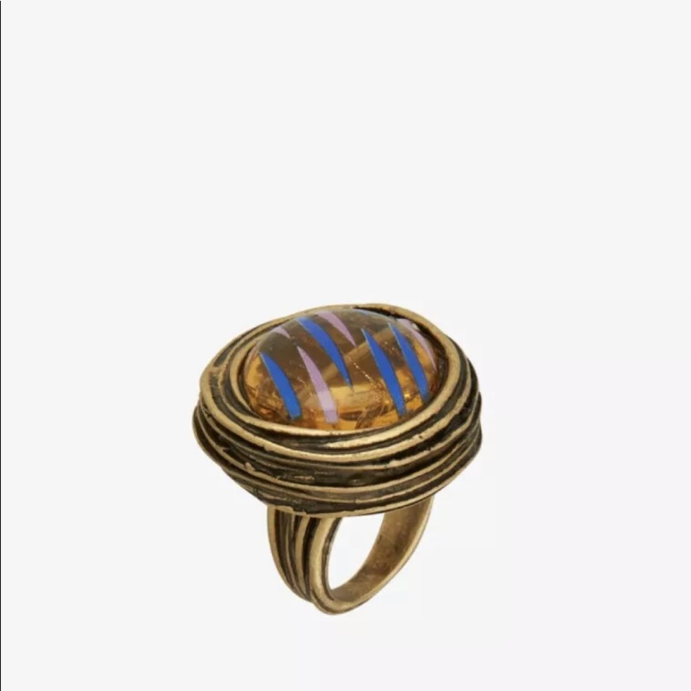 Zara Women’s Limited Edition Blue & Antique Gold Metal Round Glass Ring  S/ 12